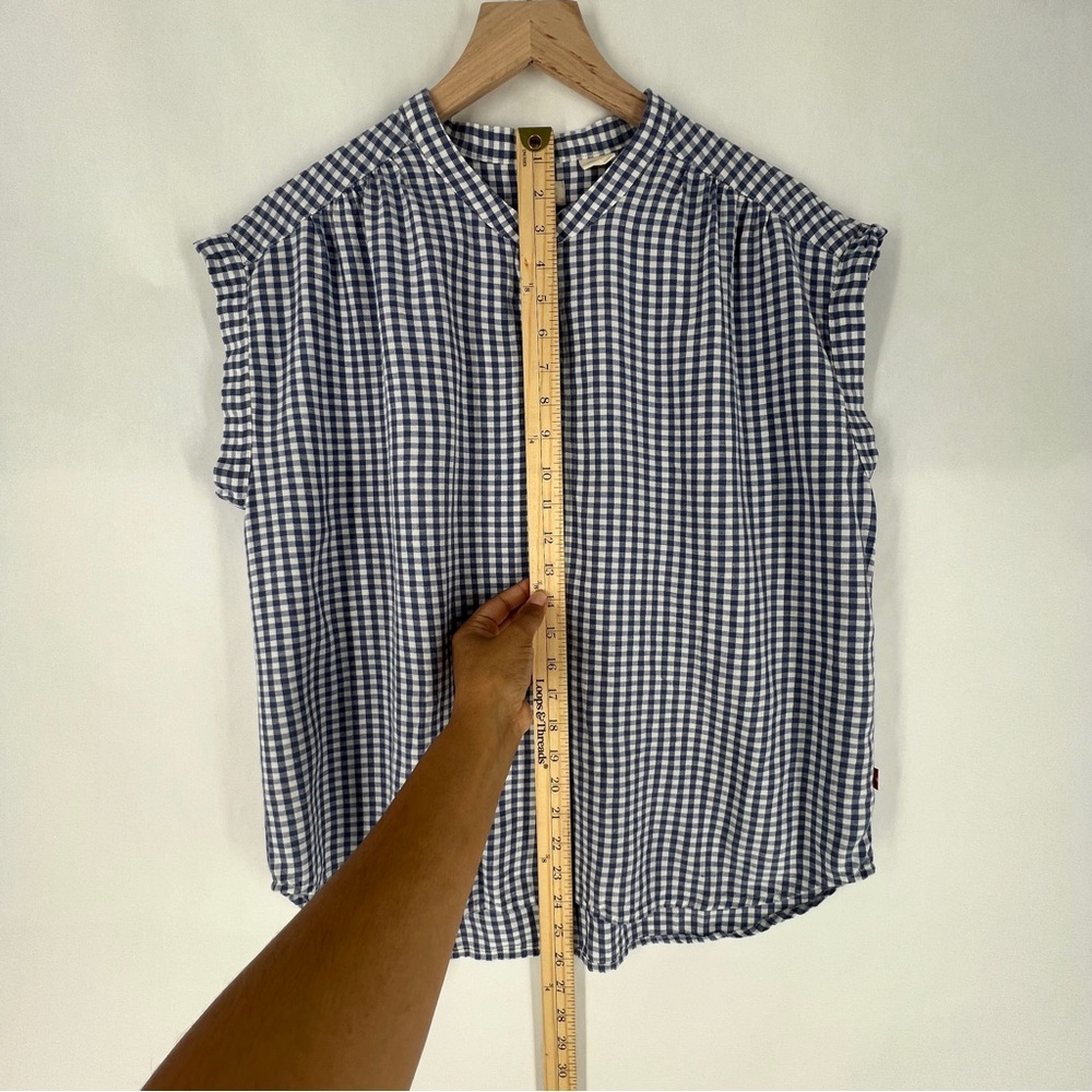 Levi's Blue Gingham Checkered Boxy Cap Sleeve Mandarin Collar Top Size L - Picture 10 of 11